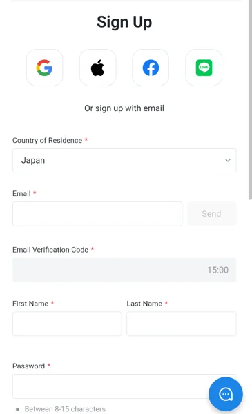 ババオプションの登録画面。GoogleやLINEでの登録ボタンの下に、居住国（Japanが選ばれている）、メール、メールの確認コード、名、姓、パスワードの入力欄が並んでいる