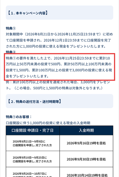Fundsのキャンペーンの注意事項。特典②として、累計10万円以上50万円未満の投資で500円、累計50万円以上100万円未満の投資で1,500円、累計100万円以上の投資で3,000円の投資に使える現金をプレゼントと書かれている