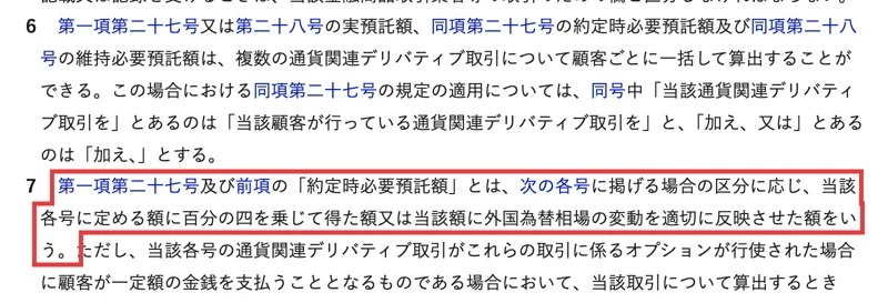 e-Govの金融商品取引業等に関する内閣府令第117条第7項。約定時必要預託額とは、各号に定める額に百分の四を乗じて得た額と書かれ、赤枠がついている