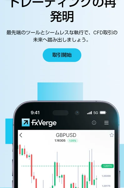 スマホでFxvergeの日本語ページを開いた画面。トレーディングの再発明、最先端のツールとシームレスな執行でCFD取引の未来へ踏み出しましょうと書かれ、取引開始のボタンと取引画面のスマホの画像がある