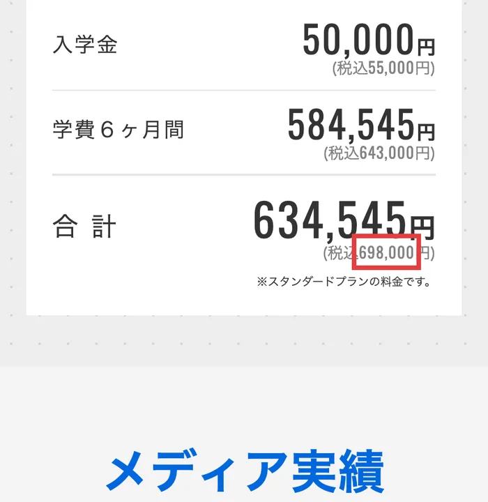 GFSの通常価格の表。入学金50,000円(税込55,000円)、学費6ヶ月間584,545円(税込643,000円)、合計634,545円(税込698,000円)、スタンダードプランの料金と書かれている