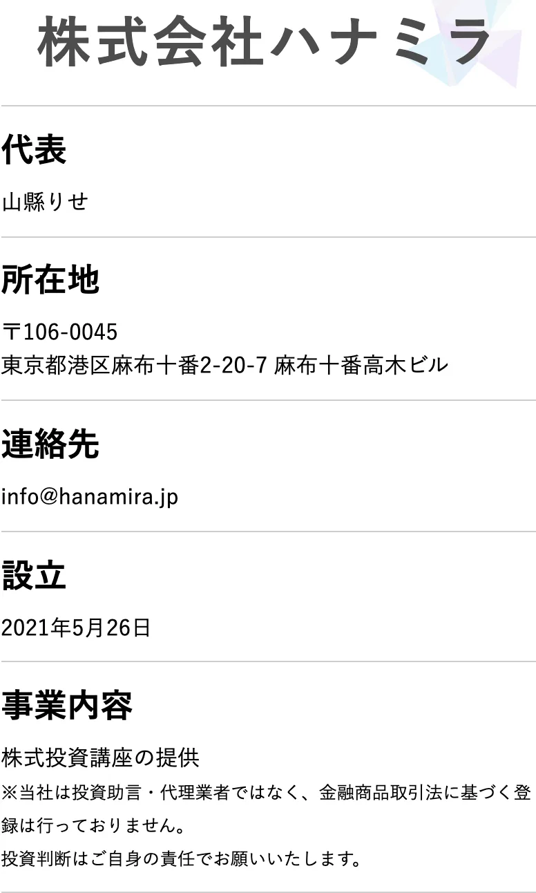 ハナミラの会社概要に株式会社ハナミラ、代表の山縣りせ、所在地、連絡先が表示されている