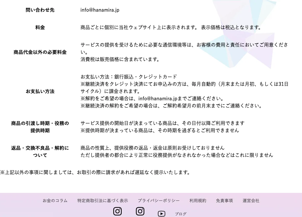 ハナミラの特商法ページに、料金は個別表示、継続決済の解約期限は前月末、提供役務は原則返金不可と記載