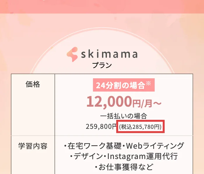 スキママの公式サイトのプラン欄。24分割の場合12,000円/月から、一括払いの場合259,800円（税込285,780円）と書かれている