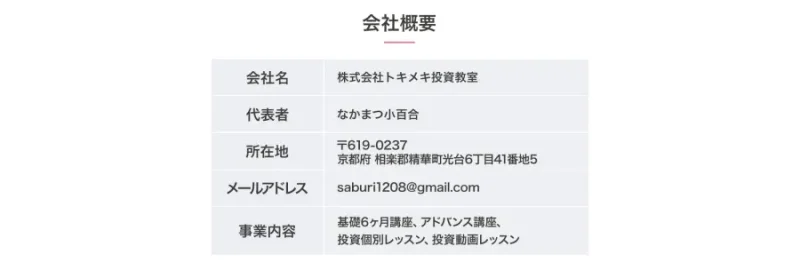 トキメキ投資教室の広告に運営会社情報が掲載された画面