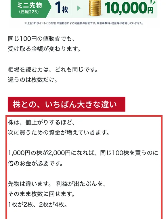 日経225先物の無料動画講座のページ。株は値上がりするほど次に買うための資金が増える、先物は違う、利益が出たぶんをそのまま枚数に回せる、1枚が2枚、2枚が4枚と書かれている